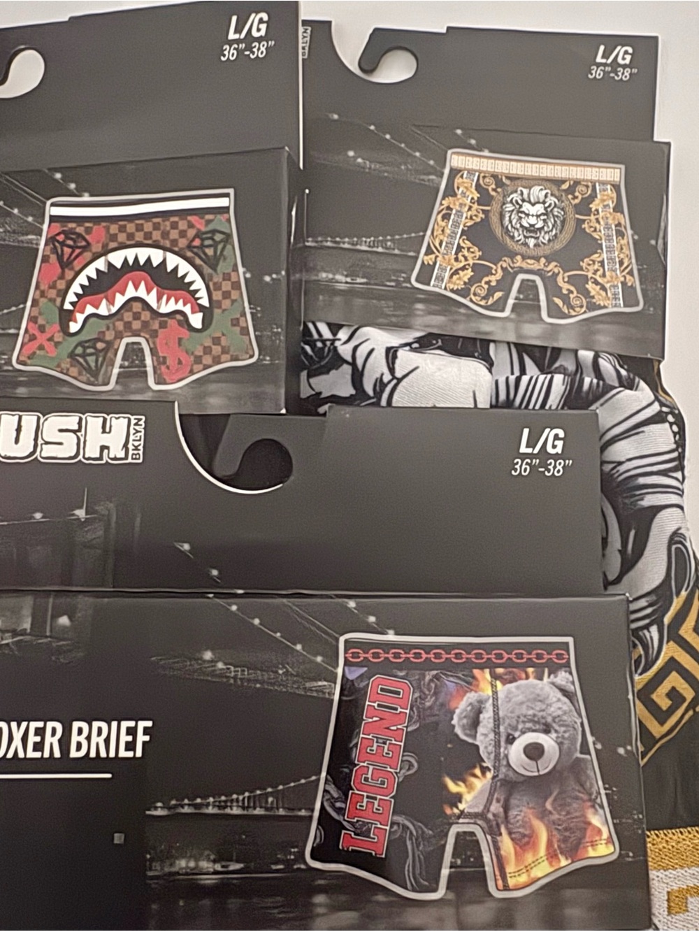 3 Pairs NEW In Pkg Lion Chains Teddy Bear & Fangs  Boxer Briefs Men's Size LARGE